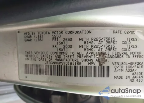 2000 Toyota 4Runner Sr5 V6 z USA, uszkodzony, nr VIN JT3GN86R9Y0161189